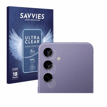 Front side of a product packaging with the brand logo Savvies. Next to it is the device Samsung Galaxy S24 (ONLY Camera Lens) 