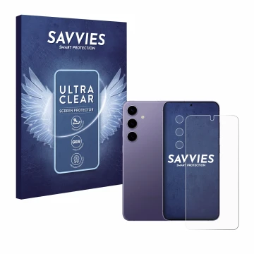 Front side of a product packaging with the brand logo Savvies. Next to it is the device Samsung Galaxy S24 (Front+Camera) show