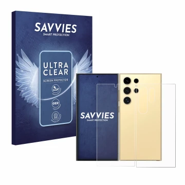 Front side of a product packaging with the brand logo Savvies. Next to it is the device Samsung Galaxy S24 Ultra (case-friendl