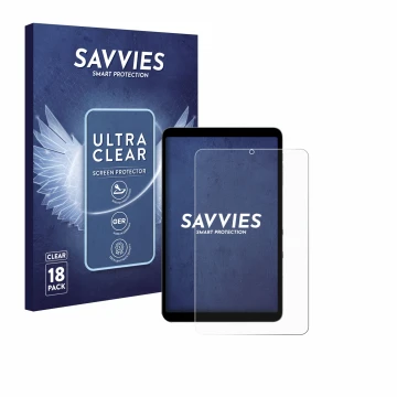 Front side of a product packaging with the brand logo Savvies. Next to it is the device Alldocube iPlay 50 mini Pro shown with