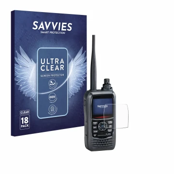 Front side of a product packaging with the brand logo Savvies. Next to it is the device Icom IC-R15 shown with the correspondi