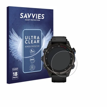 Front side of a product packaging with the brand logo Savvies. Next to it is the device Garmin Descent Mk3i (43 mm) shown with