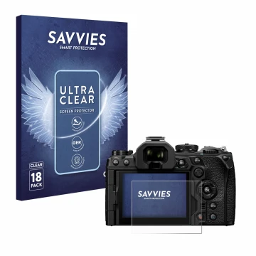 Front side of a product packaging with the brand logo Savvies. Next to it is the device Olympus OM System OM-1 Mark II shown w