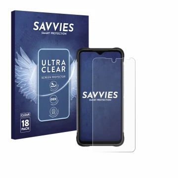 Front side of a product packaging with the brand logo Savvies. Next to it is the device Umidigi Bison X20 shown with the corre