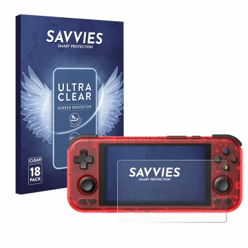 Front side of a product packaging with the brand logo Savvies. Next to it is the device Retroid Pocket 4 Pro shown with the co