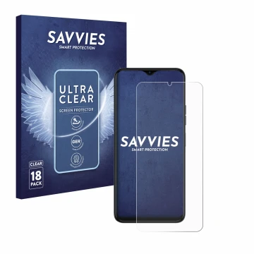 Front side of a product packaging with the brand logo Savvies. Next to it is the device Tecno Spark 10 5G shown with the corre