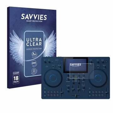 Front side of a product packaging with the brand logo Savvies. Next to it is the device AlphaTheta OMNIS-Duo shown with the co