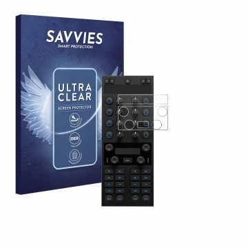 Front side of a product packaging with the brand logo Savvies. Next to it is the device Native Instruments Traktor Kontrol X1 