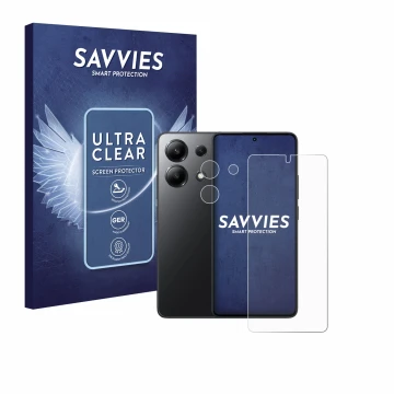 Front side of a product packaging with the brand logo Savvies. Next to it is the device Xiaomi Redmi Note 13 (Front+Camera) sh