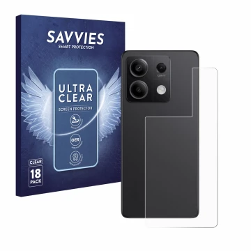 Front side of a product packaging with the brand logo Savvies. Next to it is the device Xiaomi Redmi Note 13 Pro 5G (Back) sho