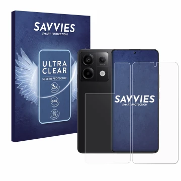 Front side of a product packaging with the brand logo Savvies. Next to it is the device Xiaomi Redmi Note 13 Pro 5G (Front+Bac