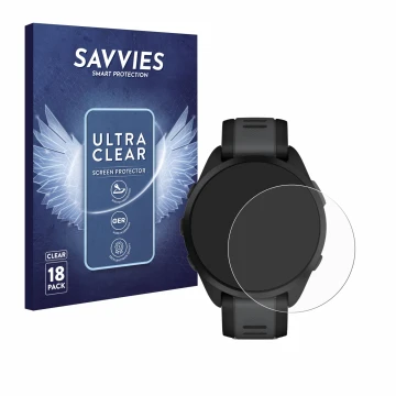 Front side of a product packaging with the brand logo Savvies. Next to it is the device Garmin Forerunner 165 shown with the c