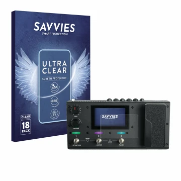Front side of a product packaging with the brand logo Savvies. Next to it is the device Headrush MX5 shown with the correspond