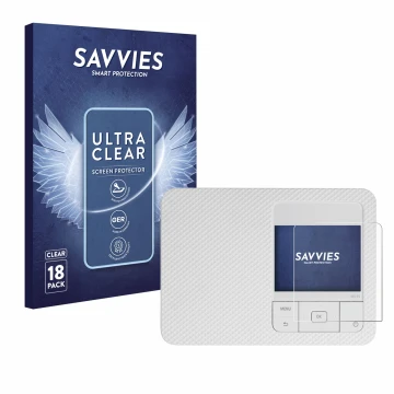 Front side of a product packaging with the brand logo Savvies. Next to it is the device Canon Selphy CP1500 shown with the cor