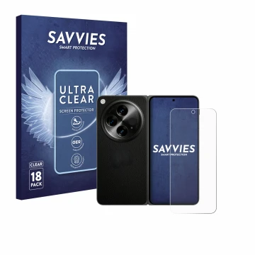 Front side of a product packaging with the brand logo Savvies. Next to it is the device OnePlus Open (case-friendly) shown wit