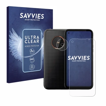 Front side of a product packaging with the brand logo Savvies. Next to it is the device Gigaset GX6 Pro (Front+Camera) shown w