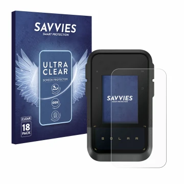 Front side of a product packaging with the brand logo Savvies. Next to it is the device Garmin eTrex Solar shown with the corr