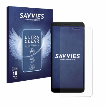 Front side of a product packaging with the brand logo Savvies. Next to it is the device TCL 501 shown with the corresponding s