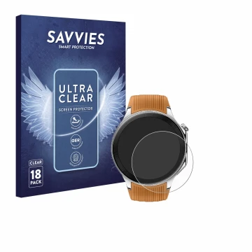 Front side of a product packaging with the brand logo Savvies. Next to it is the device Oppo Watch X shown with the correspond