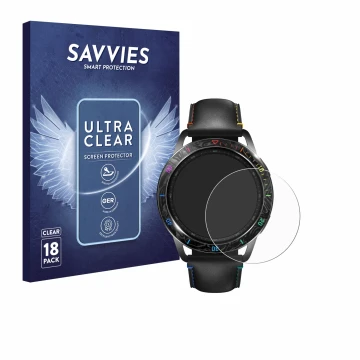 Front side of a product packaging with the brand logo Savvies. Next to it is the device Xiaomi Watch S3 shown with the corresp