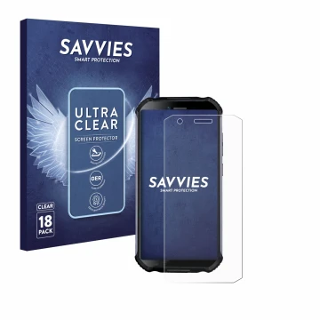 Front side of a product packaging with the brand logo Savvies. Next to it is the device Doogee S41 Plus shown with the corresp