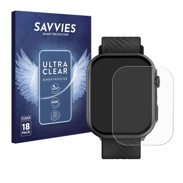 Front side of a product packaging with the brand logo Savvies. Next to it is the device Yuede Smartwatch 2