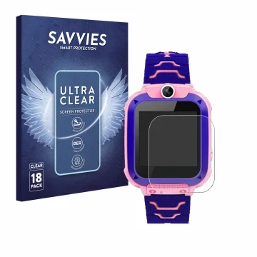 Front side of a product packaging with the brand logo Savvies. Next to it is the device Bothergu Kids Smartwatch Q12 shown wit