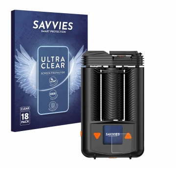 Front side of a product packaging with the brand logo Savvies. Next to it is the device Storz & Bickel Mighty + shown with the