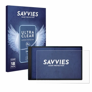 Front side of a product packaging with the brand logo Savvies. Next to it is the device Garmin DriveSmart 86 MT-S shown with t