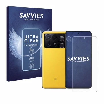 Front side of a product packaging with the brand logo Savvies. Next to it is the device Xiaomi Poco X6 Pro (Front+Camera) show