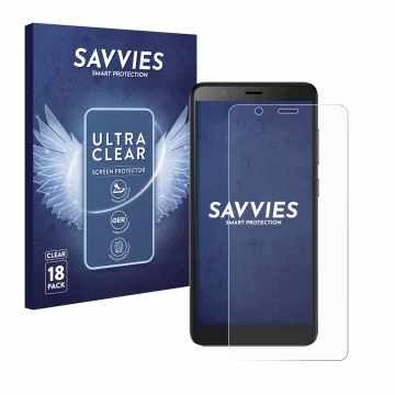Front side of a product packaging with the brand logo Savvies. Next to it is the device ZTE Blade A32 shown with the correspon