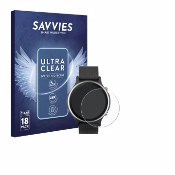 Front side of a product packaging with the brand logo Savvies. Next to it is the device ASUS VivoWatch 6 shown with the corres