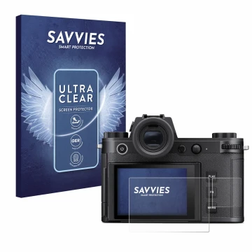 Front side of a product packaging with the brand logo Savvies. Next to it is the device Leica SL3 (Display + top plate display