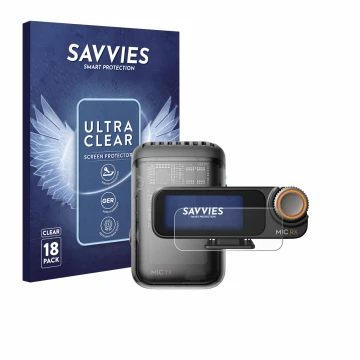 Front side of a product packaging with the brand logo Savvies. Next to it is the device DJI Mic 2 (Receiver) shown with the co