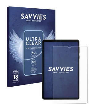Front side of a product packaging with the brand logo Savvies. Next to it is the device Lenovo Legion Tab shown with the corre