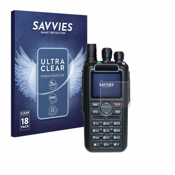 Front side of a product packaging with the brand logo Savvies. Next to it is the device AnyTone AT-D878UV II Plus shown with t