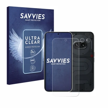Front side of a product packaging with the brand logo Savvies. Next to it is the device Nothing Phone (2a) (Front+Camera) show