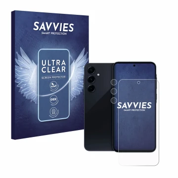 Front side of a product packaging with the brand logo Savvies. Next to it is the device Samsung Galaxy A55 5G (Front+Camera) s