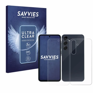 Front side of a product packaging with the brand logo Savvies. Next to it is the device Samsung Galaxy A55 5G (Front+Back) sho