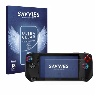Front side of a product packaging with the brand logo Savvies. Next to it is the device MSI Claw A1M shown with the correspond