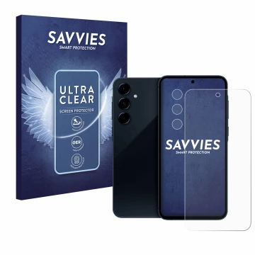 Front side of a product packaging with the brand logo Savvies. Next to it is the device Samsung Galaxy A35 5G (Front+Camera) s