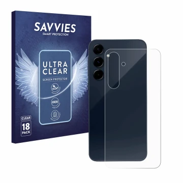 Front side of a product packaging with the brand logo Savvies. Next to it is the device Samsung Galaxy A35 5G (Back) shown wit