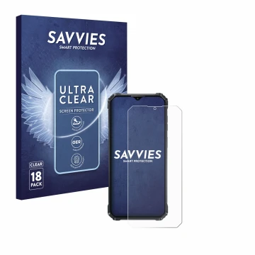 Front side of a product packaging with the brand logo Savvies. Next to it is the device Oukitel WP36 shown with the correspond