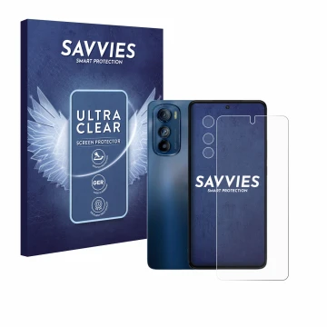 Front side of a product packaging with the brand logo Savvies. Next to it is the device Motorola Edge 30 (Front+Camera) shown 