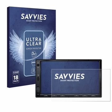 Front side of a product packaging with the brand logo Savvies. Next to it is the device Atoto F7 WE shown with the correspondi