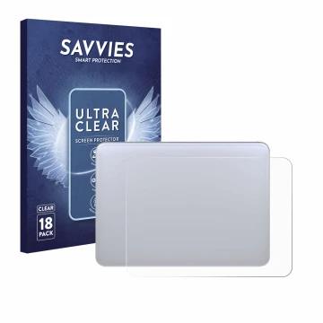 Front side of a product packaging with the brand logo Savvies. Next to it is the device Apple Magic 3 (Touch Trackpad) shown w