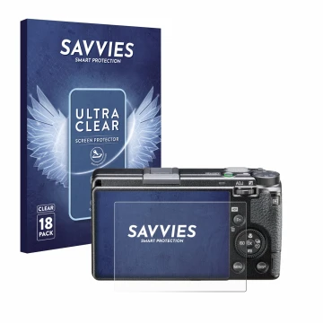 Front side of a product packaging with the brand logo Savvies. Next to it is the device Ricoh GR IIIx HDF shown with the corre