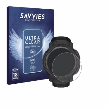 Front side of a product packaging with the brand logo Savvies. Next to it is the device Garmin Instinct Crossover Solar shown 