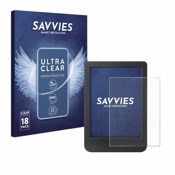 Front side of a product packaging with the brand logo Savvies. Next to it is the device Kobo Clara BW shown with the correspon