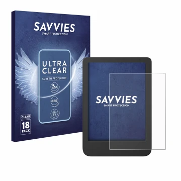 Front side of a product packaging with the brand logo Savvies. Next to it is the device Tolino Shine 5 Color 2024 shown with t